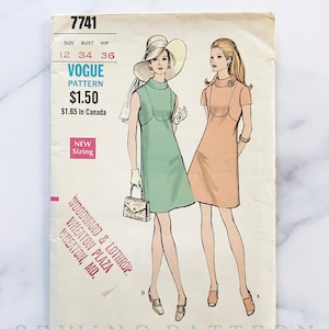 70s Vogue 7741. 34 bust. scallop seam standing collar dress. mod retro shift dress short sleeves sleeveless. 1970s vintage sewing pattern image 1