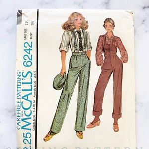 70s McCalls 6242. 34 bust uncut ff. retro bib front overalls suspender straps trouser pants + collar shirt.  1970s vintage sewing pattern