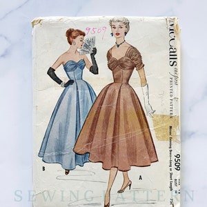 50s McCalls 9509 30 bust. Sweetheart neckline draped shoulder evening gown. prom wedding formal party dress. 1950s vintage sewing pattern