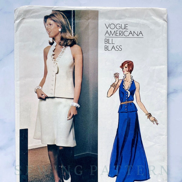 70s Vogue Americana 2866. 36 Bust ff. Bill Blass halter ruffle button blouse + knee or maxi flare skirt 2pc set 1970s Vintage Sewing Pattern