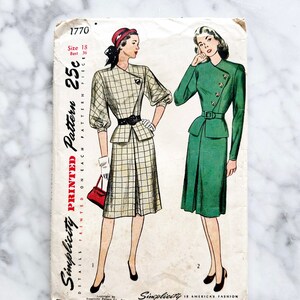 May include: Vintage Simplicity sewing pattern 1770 for a dress with a plaid print and a solid green dress. The pattern is for size 18, bust 36, and costs 25 cents. The pattern is printed on each pattern piece.