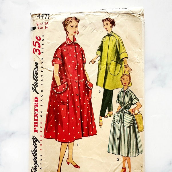 50s Simplicity 4471. 34 bust. retro wide swing robe house dress coat. tie waist belt patch pockets 1950s Vintage Sewing Pattern