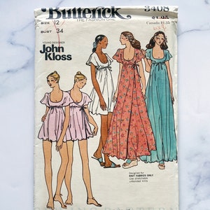 70s Butterick 3408. 34 bust. uncut ff John Kloss baby doll empire waist gown maxi dress flutter cape. retro mod 1970s Vintage Sewing Pattern
