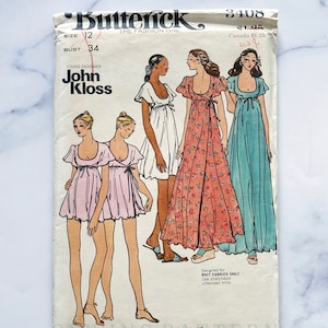 70s Butterick 3408. 34 bust. John Kloss baby doll empire waist gown maxi dress flutter cape. retro mod 1970s Vintage Sewing Pattern