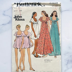 70s Butterick 3408. 34 bust. uncut ff John Kloss baby doll empire waist gown maxi dress flutter cape. retro mod 1970s Vintage Sewing Pattern