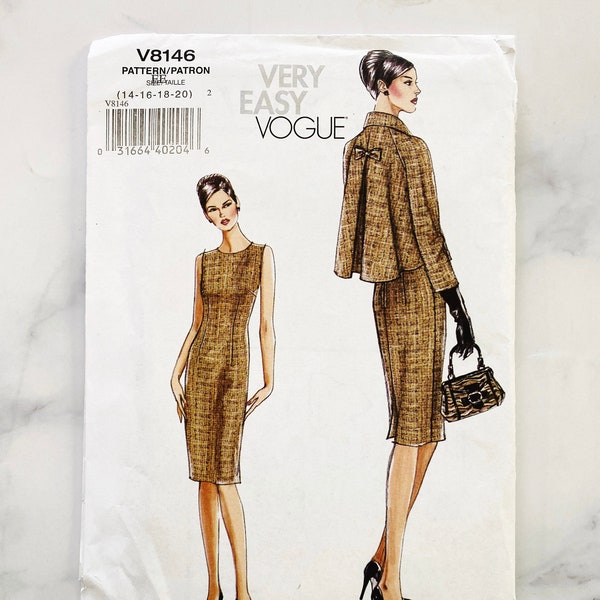 Vogue 8146 uncut ff new. 6-12, 14-20. 2 piece skirt suit. Fitted slim straight sheath. flare short back pleat jacket + bow. plus size volup