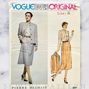 May include: Vintage Vogue Paris Original sewing pattern for a skirt and jacket set by Pierre Balmain. The pattern is size 16 and the pattern number is 2201.