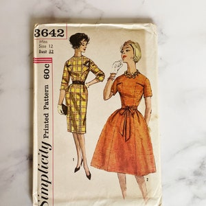 60s Simplicity 3642. 32 bust uncut ff. 1960s vintage sewing pattern. Jackie O retro day dress 3/4 or short sleeves, slim or full skirt image 1