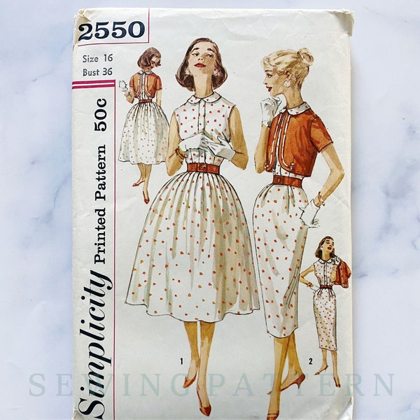 Années 50 Simplicité 2550. 36 buste. robe de jour col rond jupe slim ou très ample + veste courte. mod rétro modèle de couture vintage des années 1950