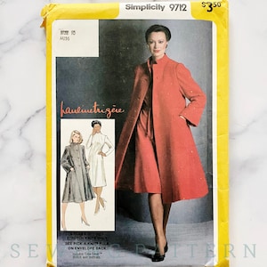 May include: A Simplicity sewing pattern for a coat, size 10 for misses. The pattern is for stretch knits only. The pattern cover features a model wearing a red coat with a white collar and a white dress underneath. The pattern number is 9712 and the price is $3.50.