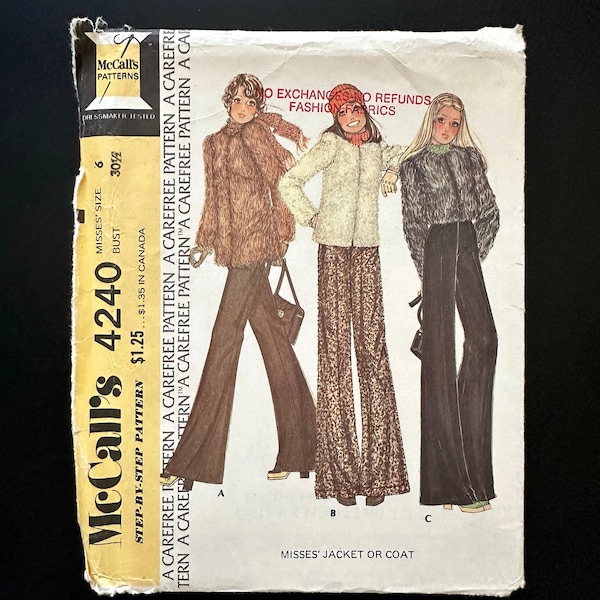 70s McCalls 4240. 30 bust ff. mod faux fur cropped bomber jacket or coat in 3 lengths. short or long. retro 1970s vintage sewing pattern