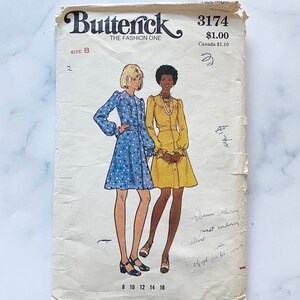 70s Butterick 3174. 31.5 bust. Jewel neck cap sleeve doll dress cottage core blouson dress with long sleeves.  1970s vintage sewing pattern
