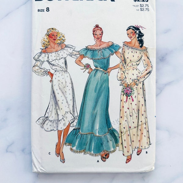 80s Butterick 3104. 31 bust ff. off shoulder ruffle cottage core bridesmaid dress. tier ruffle skirt boho dress 1980s vintage sewing pattern