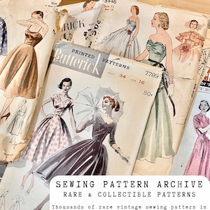 Puede incluir: Una colecci&oacute;n de patrones de costura vintage con ilustraciones de mujeres con vestidos. Los patrones son de marcas como Butterick e incluyen detalles como tallas de busto y precios. La imagen incluye el texto "SEWING PATTERN ARCHIVE RARE & COLLECTIBLE PATTERNS."