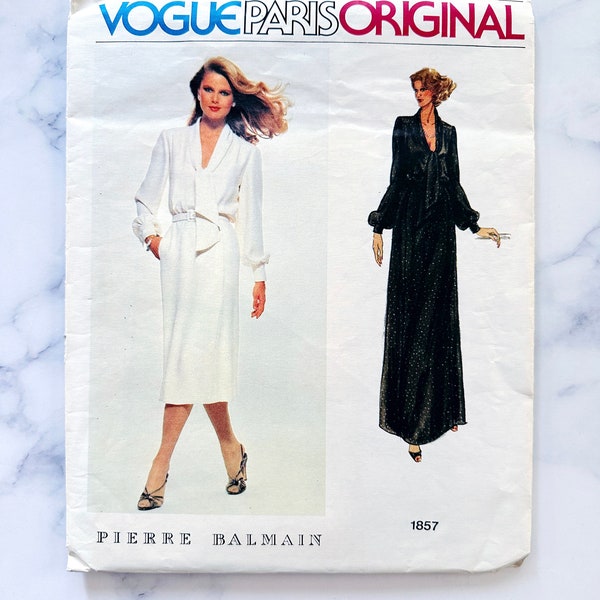 80s Vogue Paris Original 1857. 32 bust uncut ff Pierre Balmain draped tie collar slim skirt midi maxi dress. 1980s Vintage Sewing Pattern