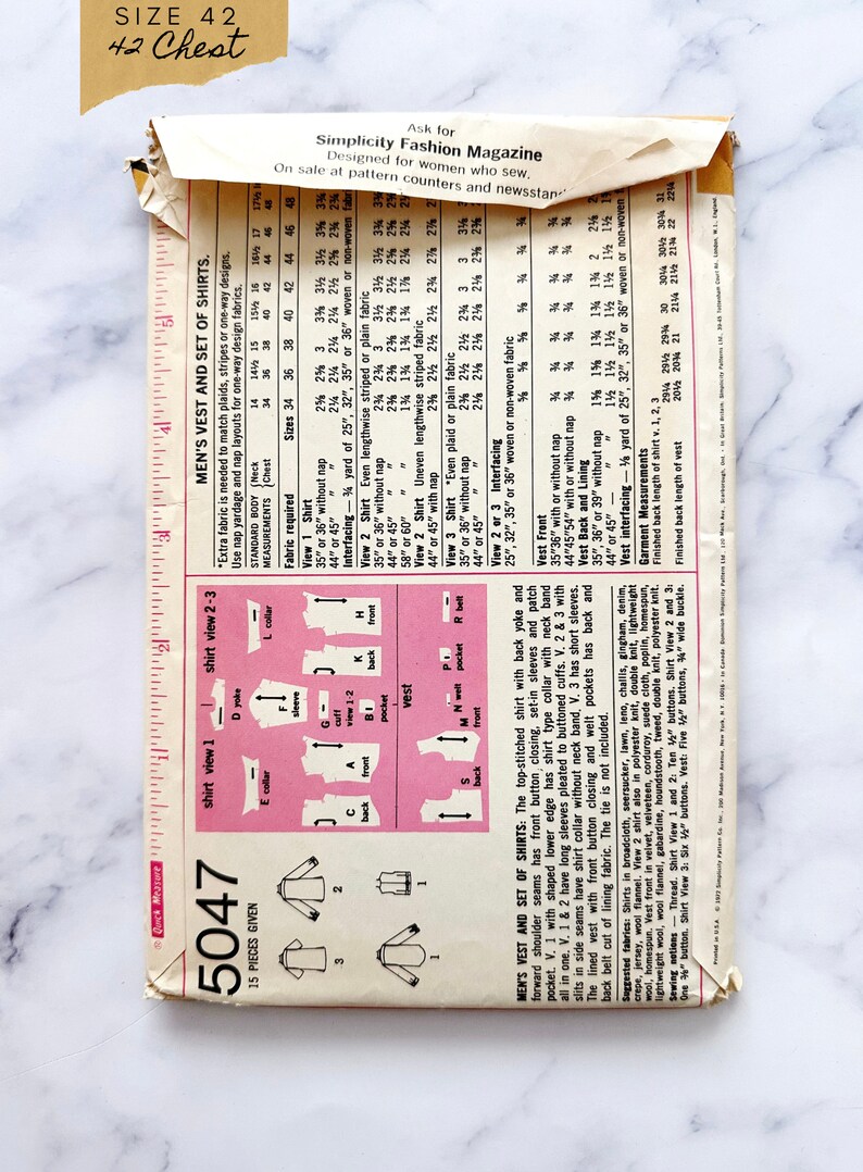 May include: A vintage sewing pattern for a men's vest and set of shirts. The pattern is for size 42, with a chest measurement of 107 cm. The pattern includes instructions and diagrams for sewing the garments.