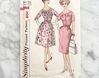 60s Simplicity 3403. 37 bust. half size neckline pleat button front dress. slenderette 1960s vintage sewing pattern volup plus size