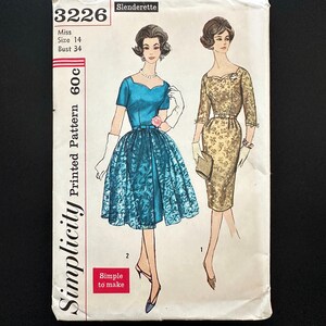 50er Jahre Einfachheit 3226. 34, 40 Büste ungeschnitten ff. Slenderette Cocktailkleid mit schmalem Überrock und Jakobsmuscheldetail. 1950er Jahre Vintage Schnittmuster volup