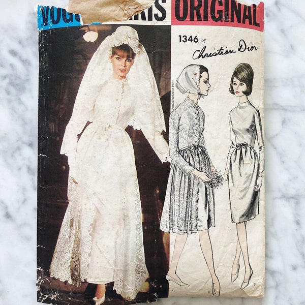 60s Vogue Paris Original 1356. 31 Bust. Christian Dior long sleeve wedding dress, overdress and veil. mod retro 60s vintage sewing pattern.