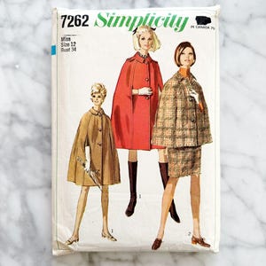 60s Simplicity 7262. 34 bust.  retro mod long short swing cape coat collar + slim straight skirt. 1960s vintage sewing pattern
