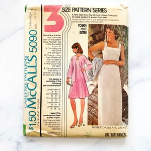 70s McCalls 5090. 34, 36, 38 bust. square neck princess seam maxi dress + jacket pounds thinner 3 size pattern. 1970s vintage sewing pattern