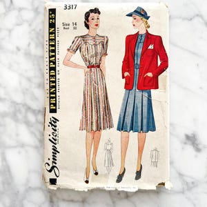 40s Simplicity 3317. 32 bust. Button yoke pleated skirt day dress + round collar blazer jacket. wwii style 1940s vintage sewing pattern