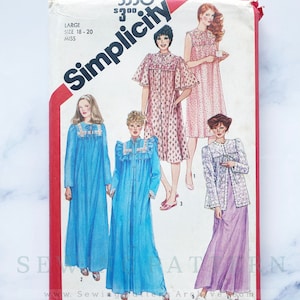 May include: Simplicity sewing pattern number 5330 for a large size 18-20 miss. The pattern includes instructions for making three different nightgowns. The first nightgown is a long, blue nightgown with long sleeves and a lace trim. The second nightgown is a short, pink nightgown with short sleeves and a floral print. The third nightgown is a long, lavender nightgown with long sleeves and a lace trim.