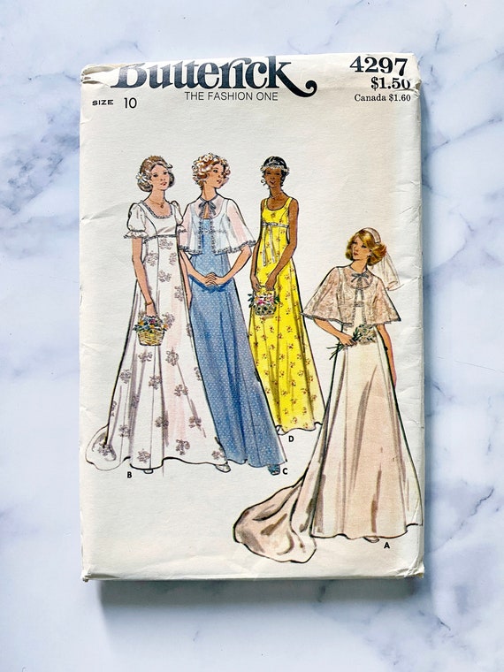 70s Butterick 4297. 32 bust ff. boho prairie cottage core wedding dress train capelet empire waist puff sleeves 1970s vintage sewing pattern