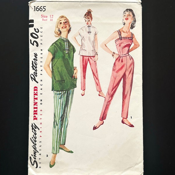 50s Simplicity 1665. 30 bust uncut ff. retro audrey hepburn slim trouser pants jumpsuit tunic blouse crop top 1950s vintage sewing pattern
