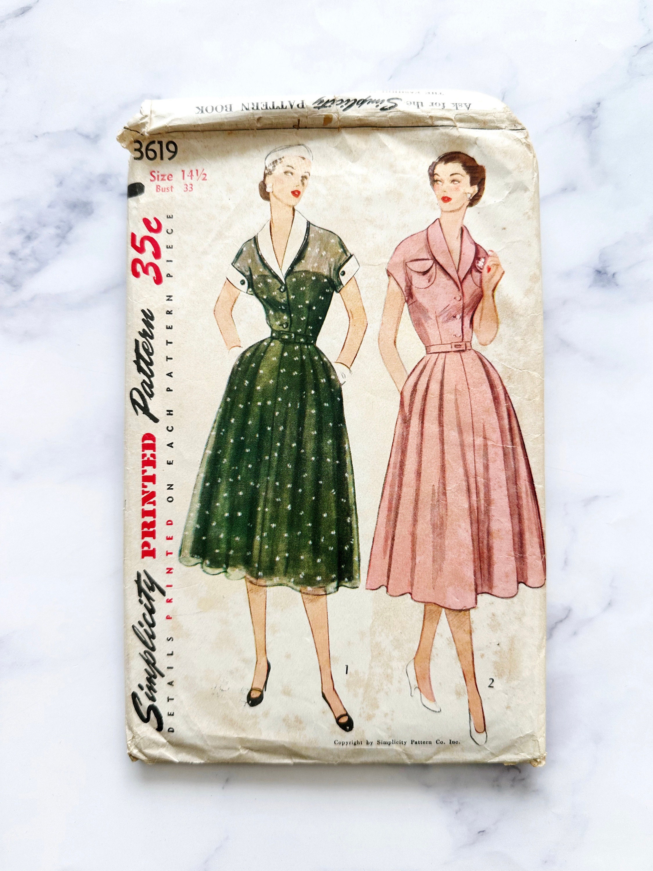 50s Simplicity 3619. 33 bust. kimono cuff sleeve button shirt dress + detachable collar. 1950s vintage sewing pattern volup plus