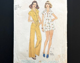 70s Simplicity 6959. 32.5 bust . Boiler suit patch pocket wide leg jumpsuit romper . long sleeves wide collar 1970s vintage sewing pattern