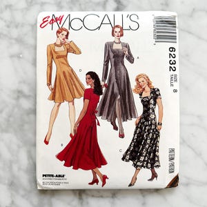 90s McCalls 6232. 31.5 bust uncut ff. square neck princess seam fit flare midi button front tie back dress. 1990s vintage sewing pattern