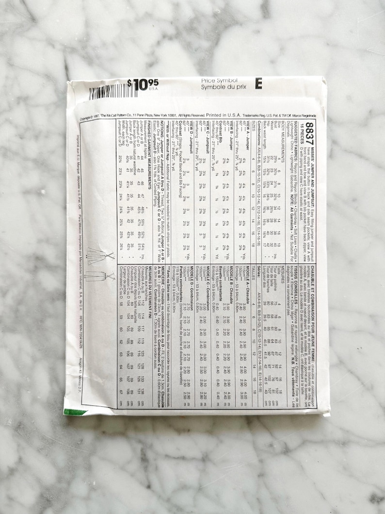 May include: A sewing pattern for a jumpsuit or a dress with a combination of fabrics. The pattern includes instructions for sizes 4-16. The pattern is printed in black and white on a white background. The pattern is titled "Chasuble and Jumpsuit for Young Women" and the pattern number is 8837.