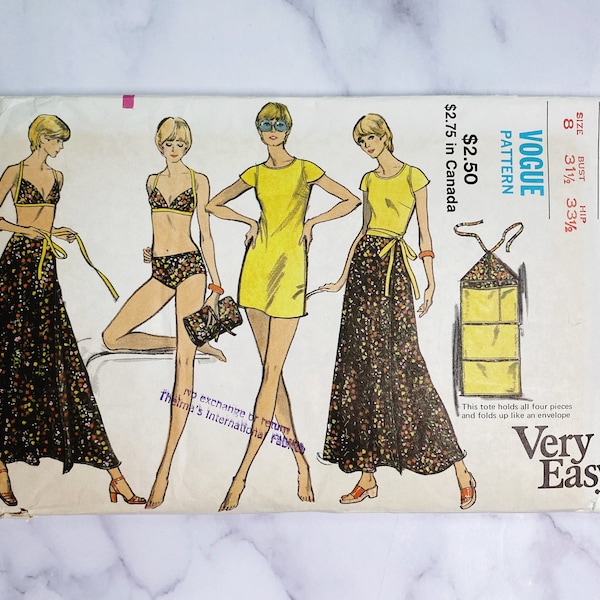 70s Vogue 8313. 31.5 bust uncut ff. Scoop neck tank maxi wrap skirt beach cover up envelope clutch. mod retro 1970s Vintage Sewing Pattern