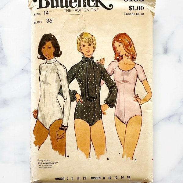 70s Butterick 3193. 36 bust. Stand Up Collar Raglan Long Short Sleeve Knit Fabric BODYSUIT 1970s Vintage Sewing Pattern volup plus size