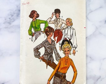 70s Butterick 5734. 32.5 bust. uncut ff retro button blouse scarf tie bow collar or belt long bell sleeves  1970s vintage sewing pattern