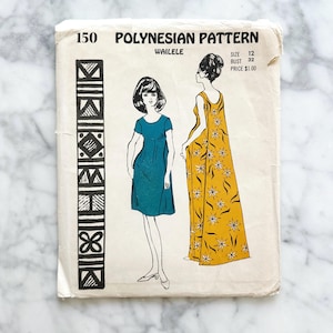May include: Vintage "Polynesian Pattern" sewing pattern. The cover shows illustrations of two dresses, one teal and one yellow with white floral designs. The pattern is size 12, with a bust size of 81 cm.