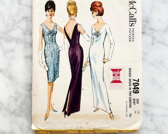 McCalls 7049 – Bust 34. 1960s evening dress in two lengths. Slim sheath formal gown styling. Vintage sewing pattern.