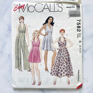 90s McCalls 7582. 8-12 uncut ff. halter empire waist jumpsuit romper wide leg pants deep v neck fit flare dress 1990s vintage sewing pattern