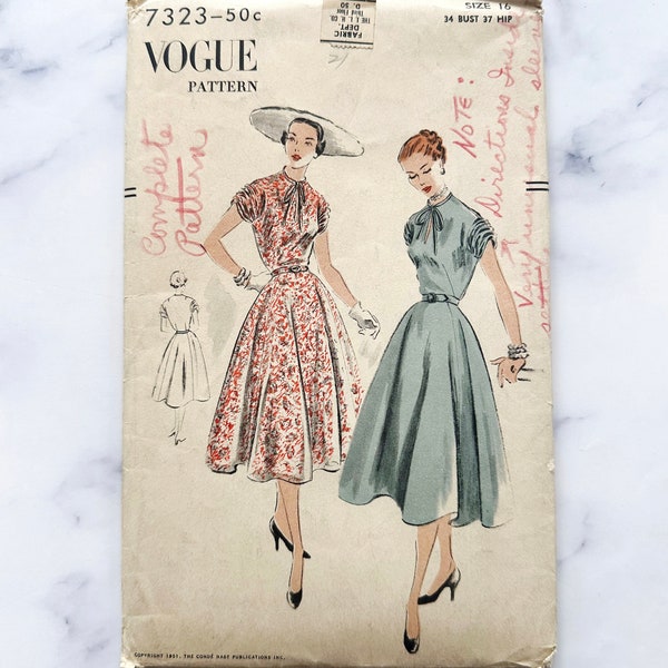 50s Vogue 7323. 34 bust ff. draped  short sleeves full flare cocktail day party sun dress. front keyhole cutout 1950s Vintage Sewing Pattern