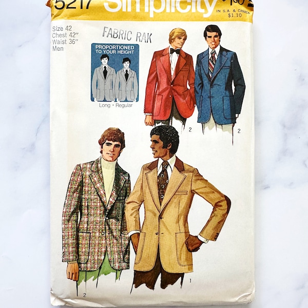 70s Simplicity 5217. 42 chest uncut ff. Mens proportioned lined notched collar suit jacket. disco retro blazer. 1970s vintage Sewing Pattern