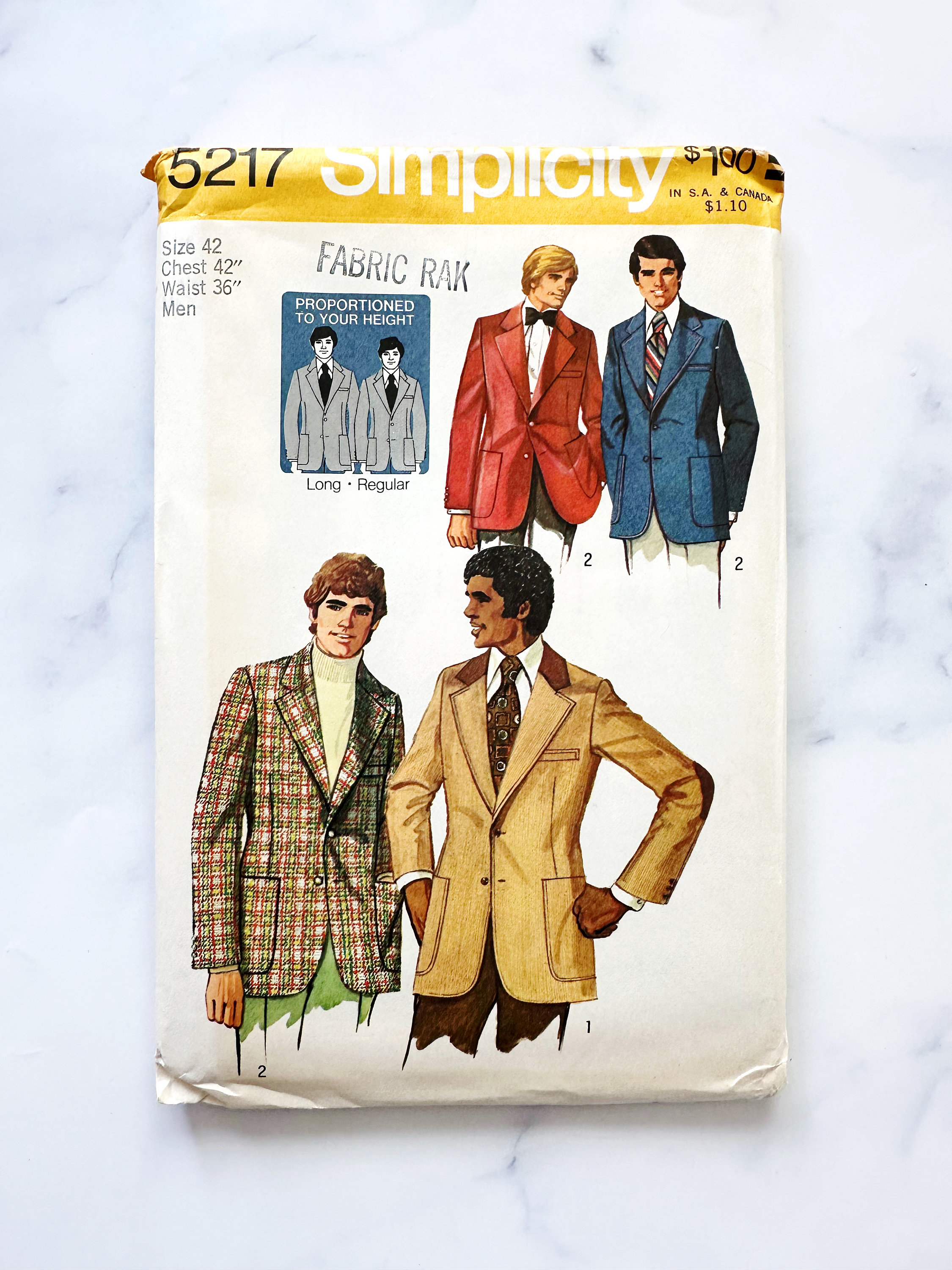 1970s Simplicity 5217 (chest 40-42). Mens Suit Jacket Vintage