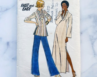 70s Butterick 3624 Medium 34-36 bust.  loose stand up collar maxi tunic caftan long pullover sleeves 1970s vintage sewing pattern