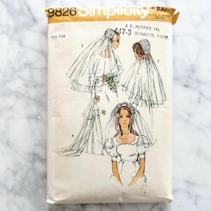 70er Jahre Simplex 9826.OS Set Brautschleier und Hüte. Lange, volle oder kurze Länge. Hochzeits Haarschmuck 1970s Vintage Schnittmuster