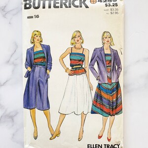 May include: A vintage sewing pattern for a women's dress, skirt, and top. The pattern is by Butterick and is for size 16. The pattern features a striped top, a white skirt, and a purple skirt with a striped pattern. The pattern is called "Ellen Tracy".