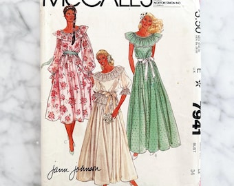 McCall’s 7941 – Bust 34. 1980s Jann Johnson cottagecore bridesmaid or prairie gown with ruffle neckline. Vintage sewing pattern