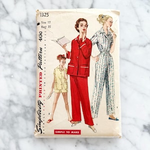 50s Simplicity 1325. 35 bust. Long sleeve classic pajama shirt and pants. Simple to Make sleepwear. Retro 1950s Vintage Sewing Pattern