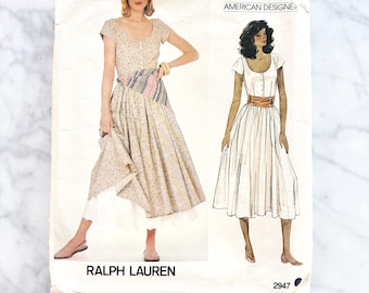 Vogue 2947 uit de jaren 80. 31,5, 34 buste. Ralph Lauren cottage core fit + flare-jurk petticoat midi-jurk ronde hals jaren 80 vintage naaipatroon