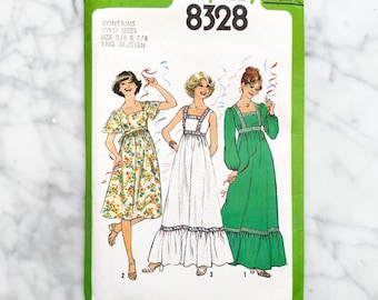 Simplicity 8328 – Bust 28, 29. 70s cottage core babydoll maxi dress pattern. Empire waist prairie dress. 1970s vintage sewing pattern