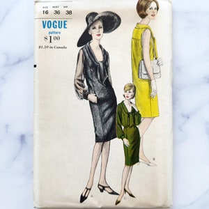 May include: Vintage Vogue sewing pattern number 6256 for a dress. The pattern includes three different styles: a black dress with a sheer overlay, a yellow sleeveless dress, and a green dress with a bow at the neck. The pattern is for sizes 16, bust 36, hip 38. The pattern is priced at $1.00.